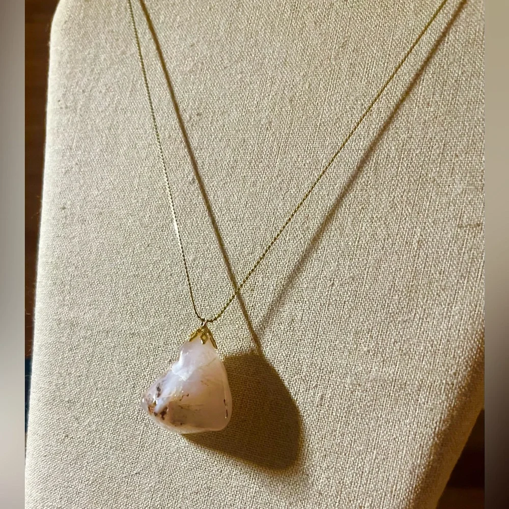 Flower Agate Smooth Stone Pendant on Delicate Gold Chain - Picture 2 of 7